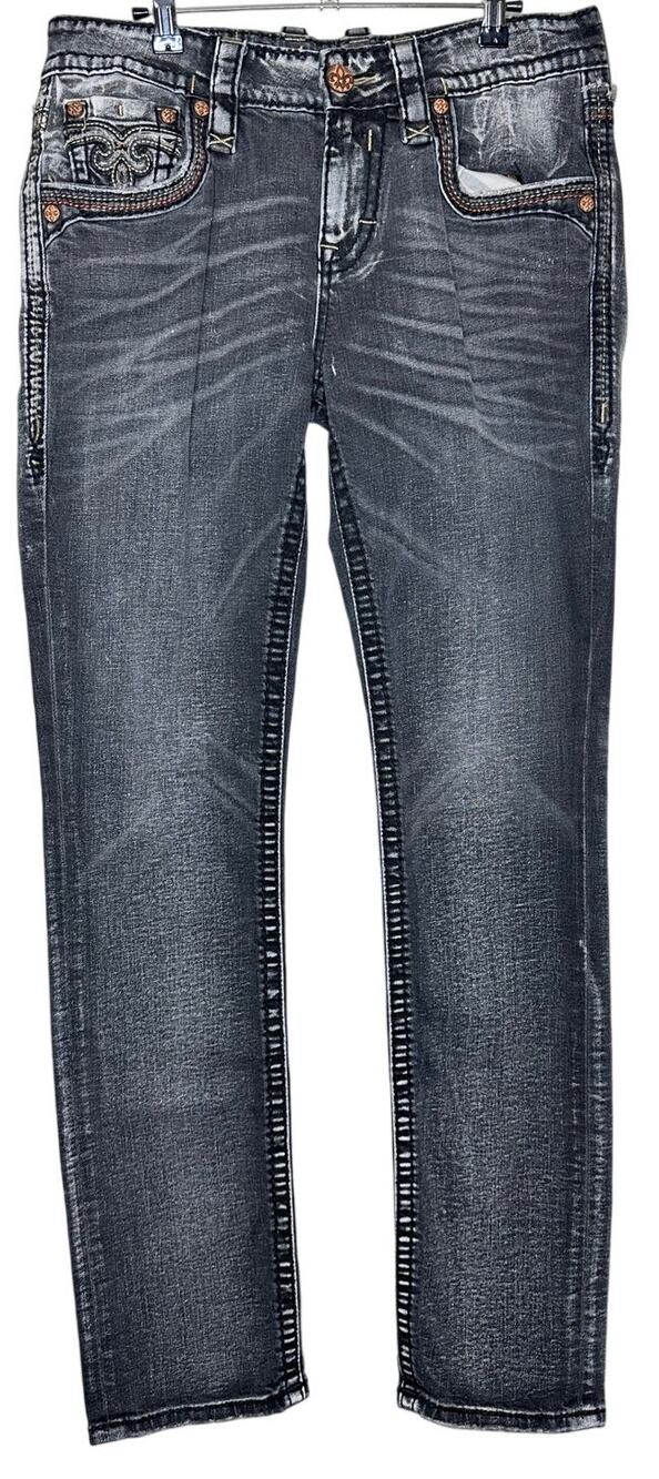 Rock Revival Vino Alt Slim Straight Jeans Washed Faded Black Mens 32x33